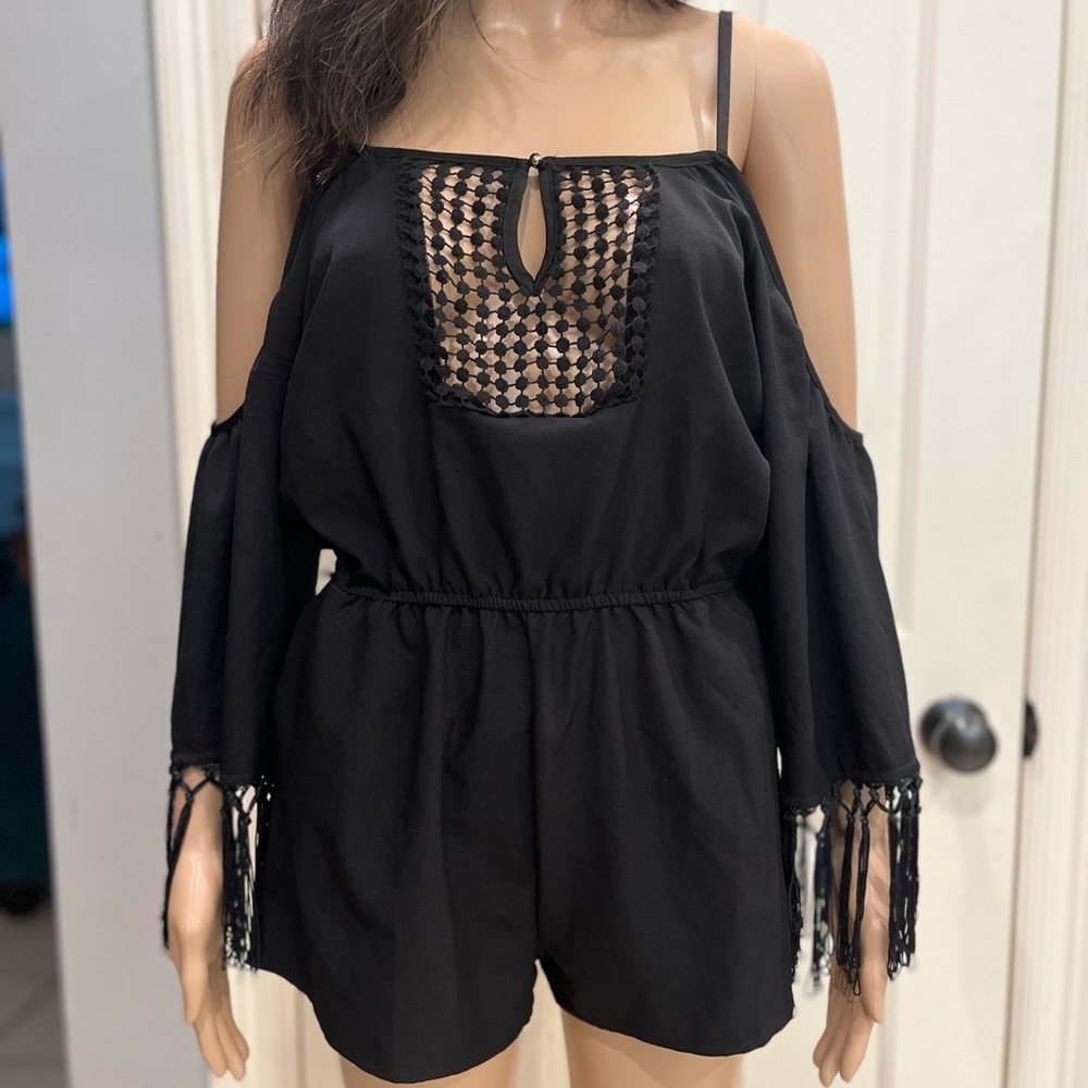 Black Off the Shoulder Fringe Sleeve Romper